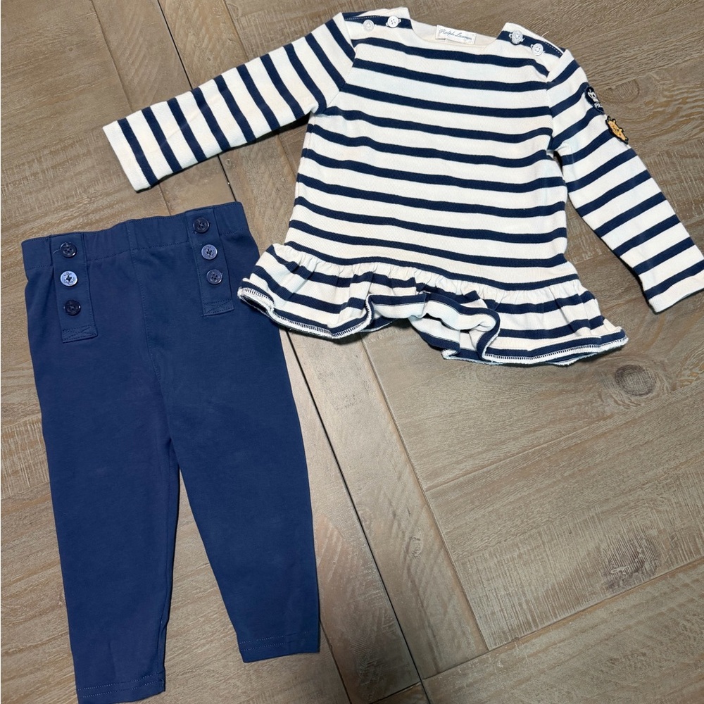Polo by Ralph Lauren Navy and White Striped Peplum Top with Navy Leggings